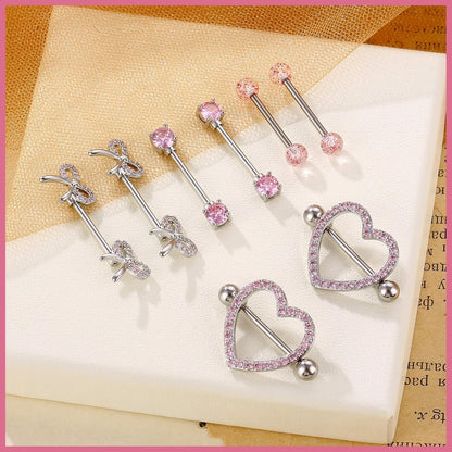 Pink Crystal Surgical Steel Nipple Rings Piercing Jewelry for Women Men, Heart/Bow/Sparkling Diamond Nipple Nail Barbell Piercing Accessory, Body Piercing Accessory Jewelry Gift ﻿