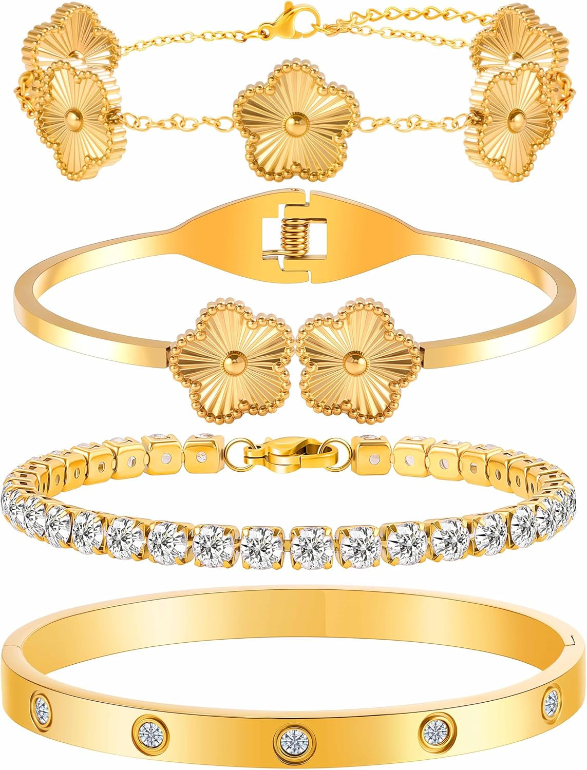 18K Gold Bracelets for Women - Clover Cuff & Cubic Zirconia Tennis Bangle Set - Non-Tarnish Stainless Steel Jewelry Gift for Valentine‘S, Christmas & Mother’S Day