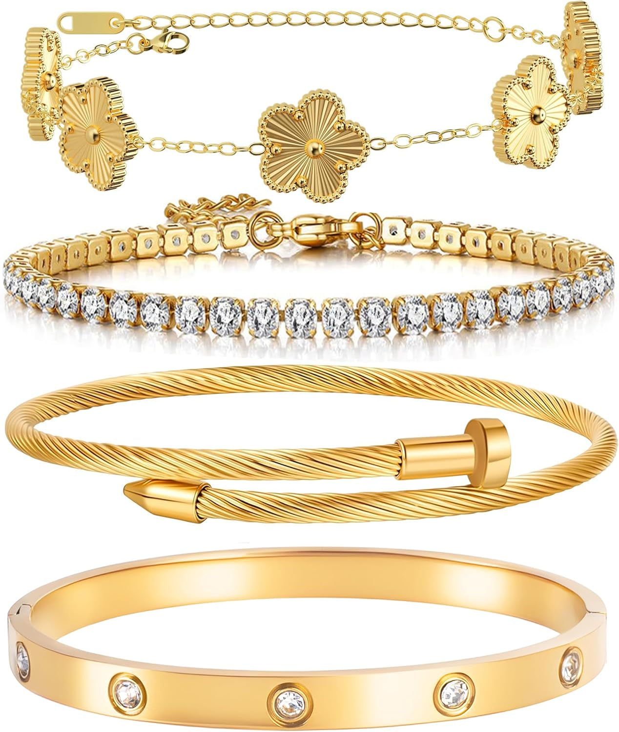 18K Gold Plated Womens Stackable Floral Gold Clover Bracelets Set Love Bangle Bracelets Non Tarnish, Nail Bracelet Set Trendy Jewelry,Gifts for Women'S Day and Mother'S Day
