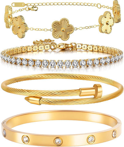 18K Gold Plated Womens Stackable Floral Gold Clover Bracelets Set Love Bangle Bracelets Non Tarnish, Nail Bracelet Set Trendy Jewelry,Gifts for Women'S Day and Mother'S Day