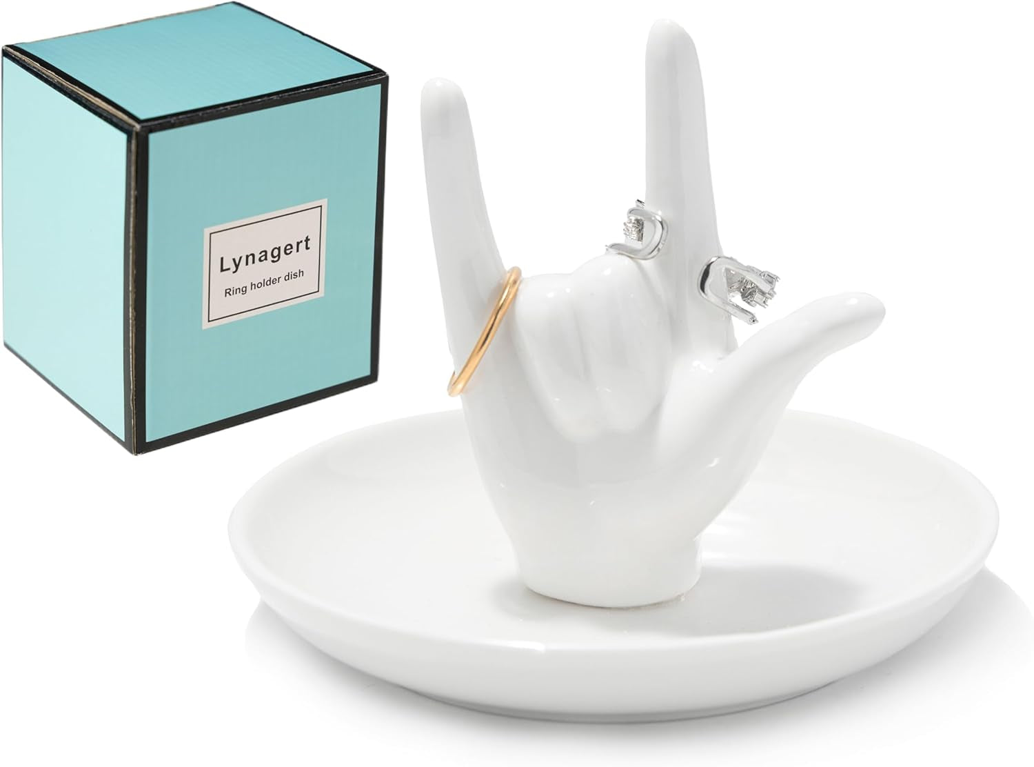 White ceramic I Love You hand ring holder with elegant design