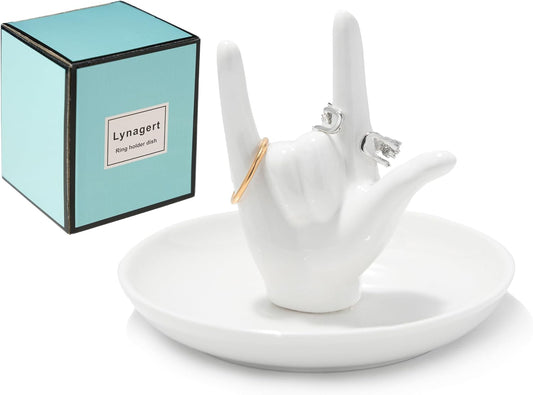 White ceramic I Love You hand ring holder with elegant design