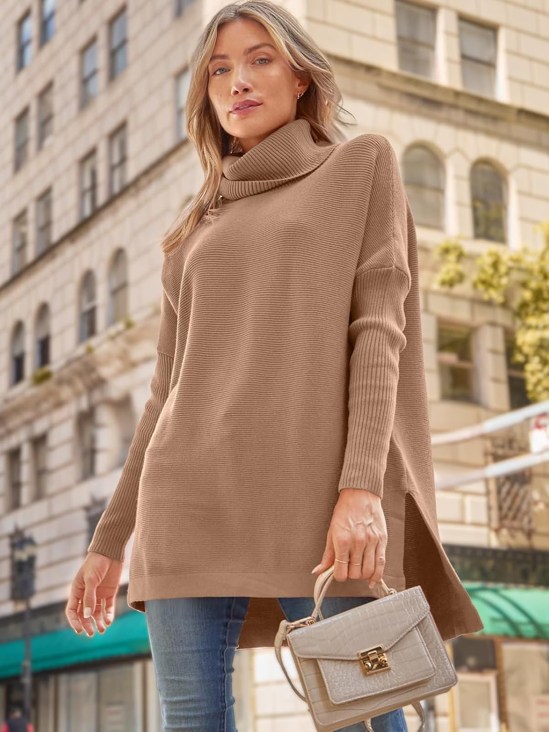 LILLUSORY Women'S Turtleneck Oversized Sweaters Long Batwing Sleeve Spilt Hem Tunic Pullover Knit Tops