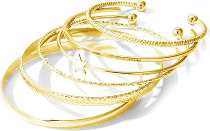 17IF Gold Bangle Bracelet for Women 14K Plated Multi Layer Cuff Bracelets Set Trendy Boho Textured Indian Punk Chunky Cable Smooth Bangles Elegance Stack Minimalist Jewelry Gift