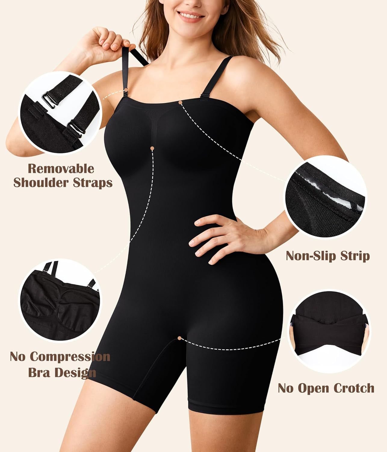 Removable straps strapless shapewear bodysuit versatile design