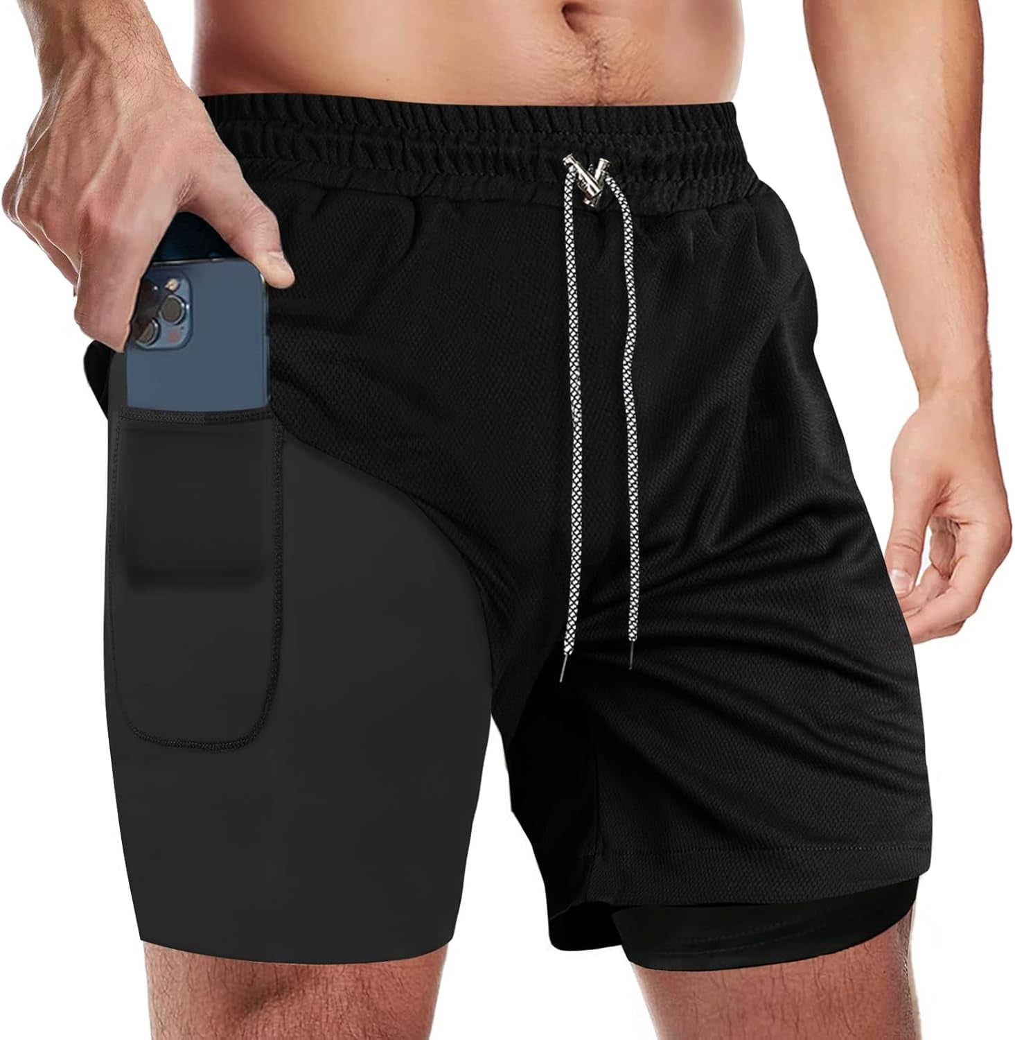 Candyfouse men's black 2-in-1 running shorts with zip pockets