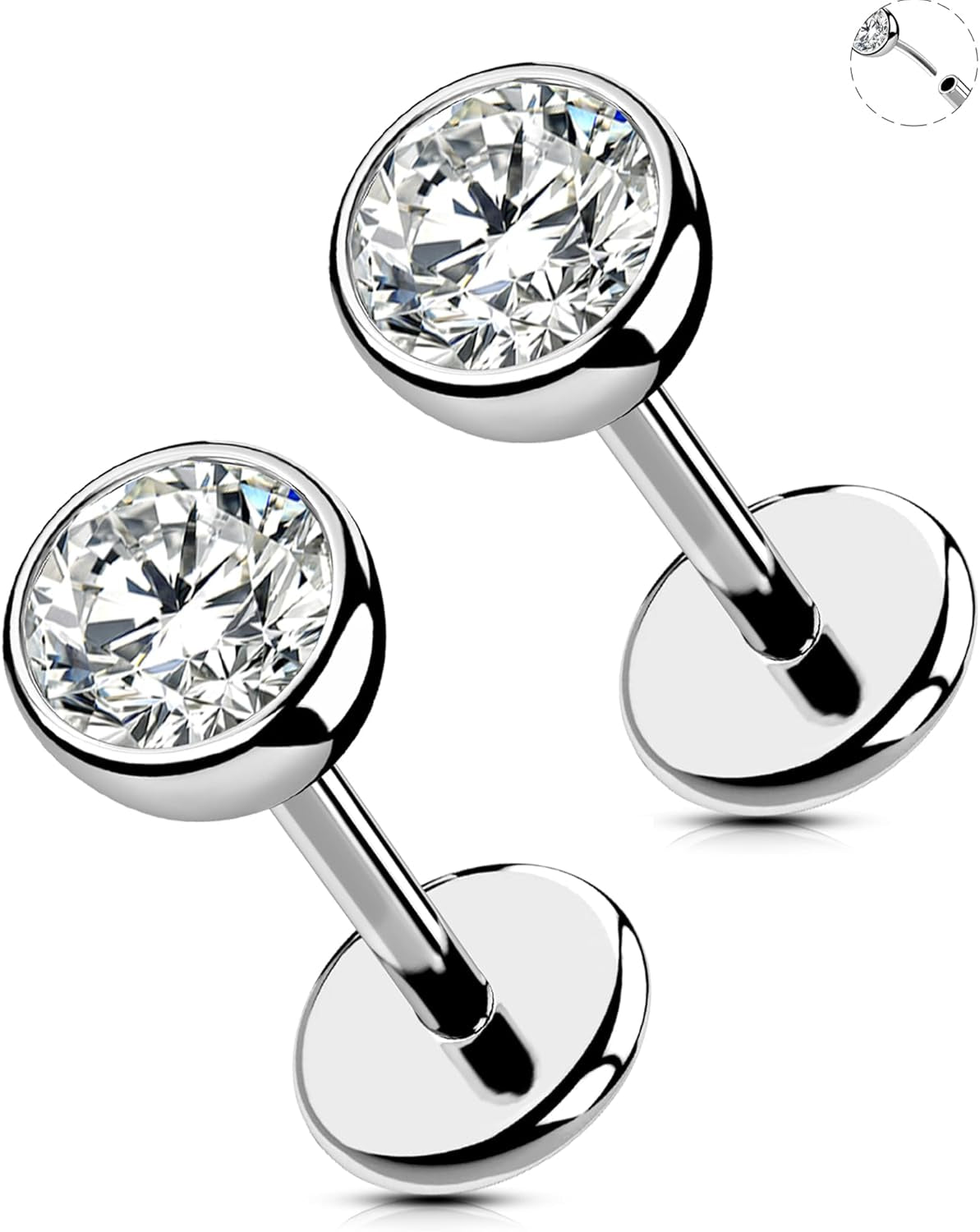 OUFER 2Pcs 20G/18G/16G G23 Titanium Threadless Nose Stud Earrings Flat Back Tiny CZ Small Nose Helix Cartilage Tragus Conch Labret Medusa Monroe Piercing Jewelry for Women Men