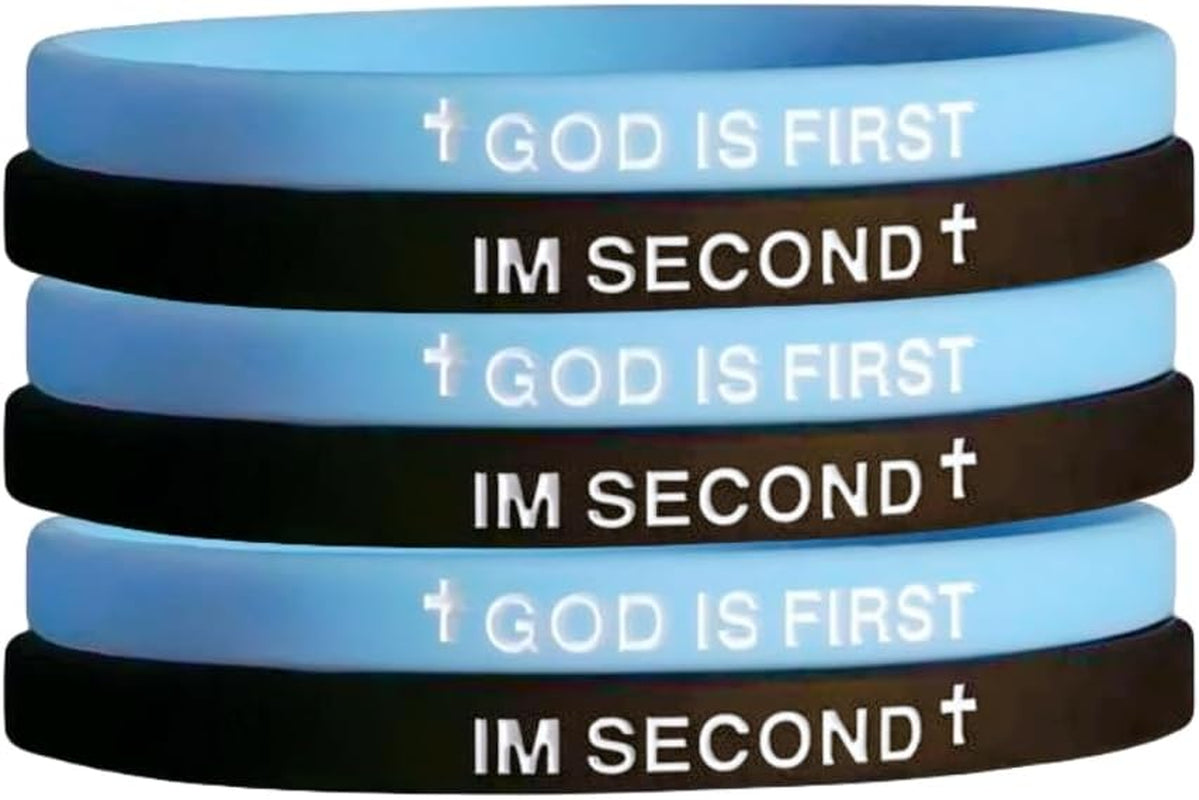 Silicone Christian quote bracelets stacked together