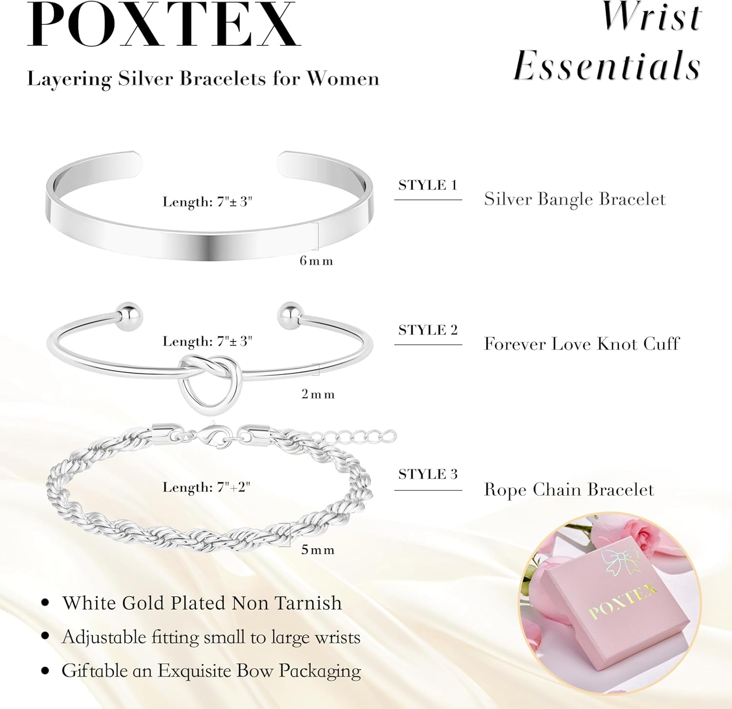 Silver plated cuff bracelets arranged in stylish stacked set