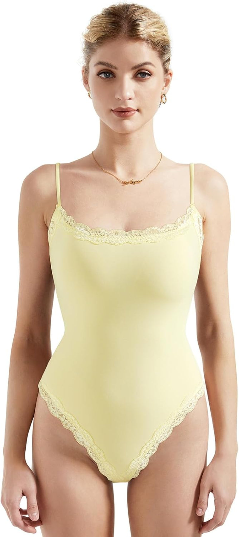 SUUKSESS Women Square Neck Lace Bodysuit Sleeveless Spaghetti Strap Tank Top