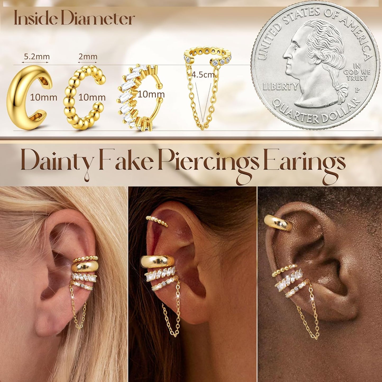 Florideco 4Pcs Ear Cuffs Non-Piercing for Women Dainty 14K Gold Plated Clip on Cartilage Earrings Hypoallergenic Huggie Hoop Cuffs Fake Earings for Non Pierced Ears
