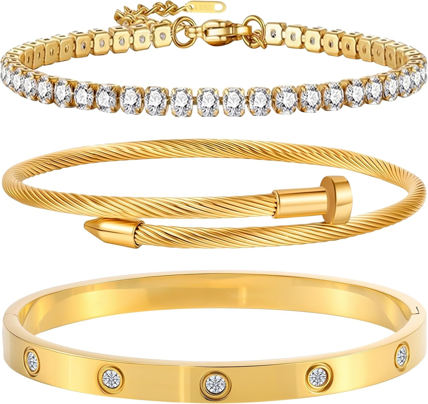 Gold Bracelets for Women-4Pcs/3Pcs,18K Gold Plated Bangle Tennis Bracelets Stack Set for Women Trendy Non Tarnish Stainless Steel Gold Bangles Accessories Designer Jewelry