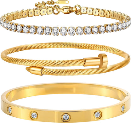 Gold Bracelets for Women-4Pcs/3Pcs,18K Gold Plated Bangle Tennis Bracelets Stack Set for Women Trendy Non Tarnish Stainless Steel Gold Bangles Accessories Designer Jewelry