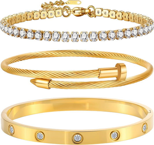 Gold Bracelets for Women-4Pcs/3Pcs,18K Gold Plated Bangle Tennis Bracelets Stack Set for Women Trendy Non Tarnish Stainless Steel Gold Bangles Accessories Designer Jewelry