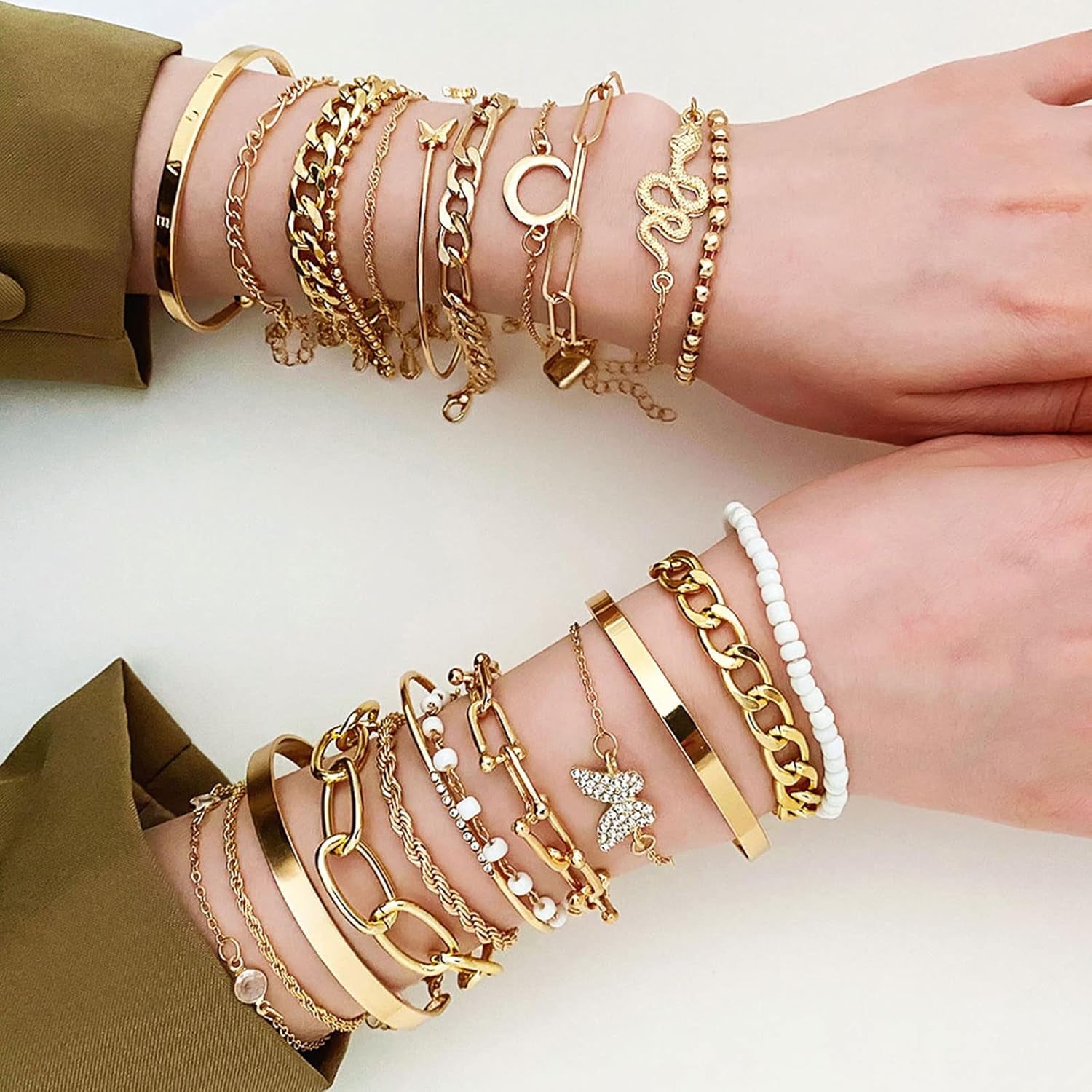 17IF 24-25 Pcs (6 Pack) 14K Gold Ankle Bracelets Set for Women Boho Stackable Bangles Cuff Charm Chunky Wrist Jewelry