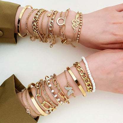17IF 24-25 Pcs (6 Pack) 14K Gold Ankle Bracelets Set for Women Boho Stackable Bangles Cuff Charm Chunky Wrist Jewelry