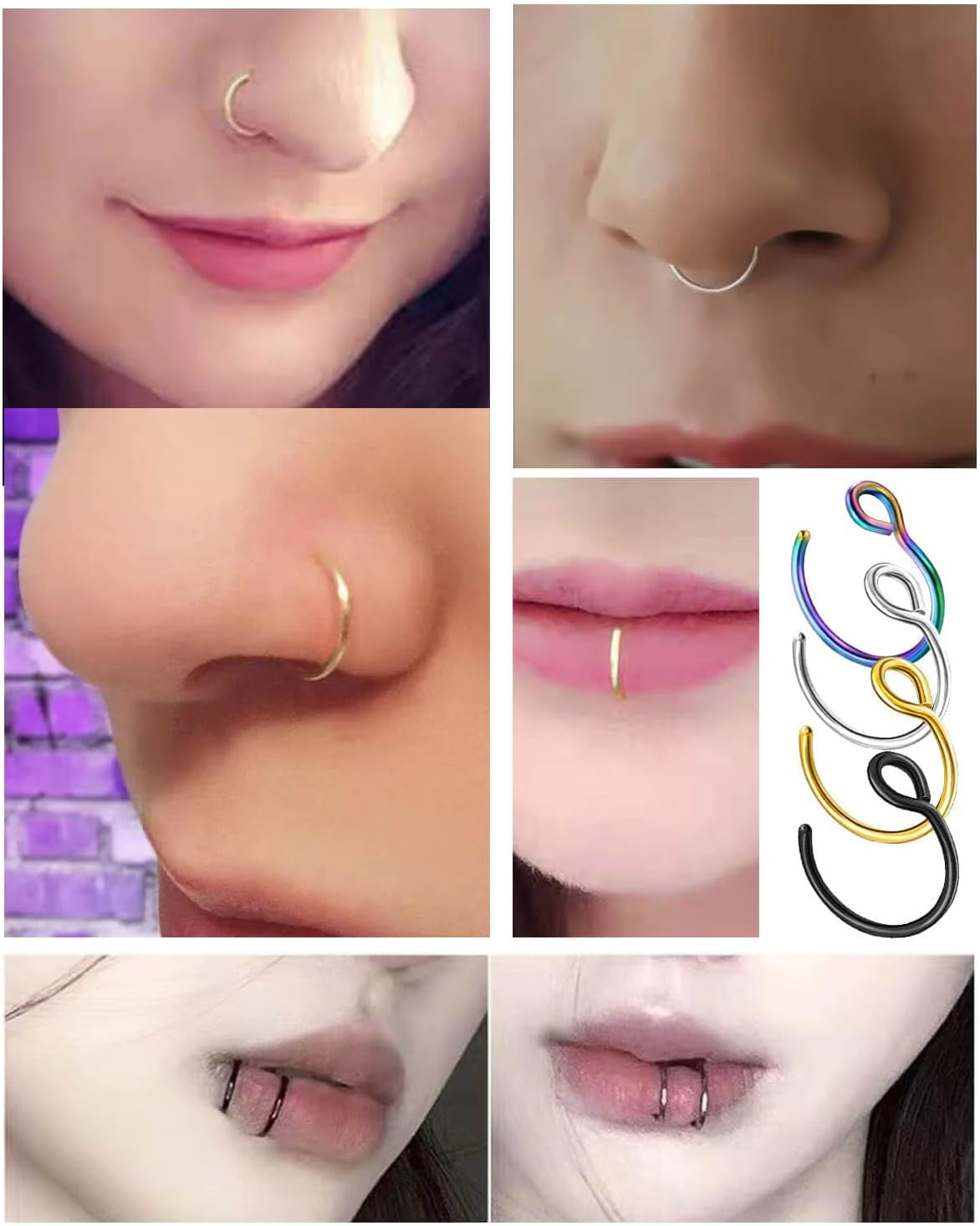 12Pcs 20G Fake Nose Rings Fake Septum Nose Ring Hoop for Faux Lip Septum Nose Ring Set Stainless Nose Hoop for Women Men