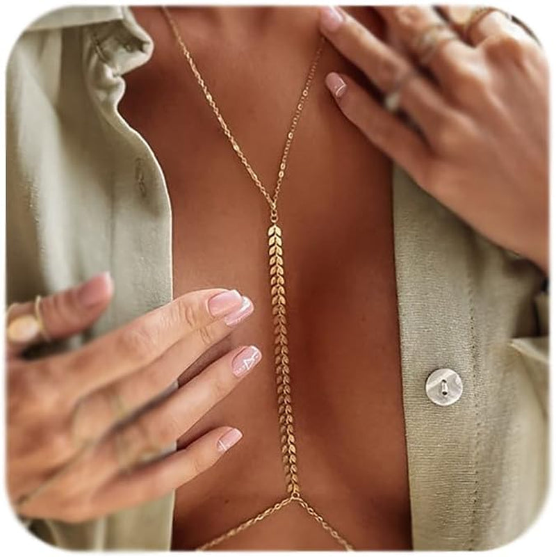 MODRSA Gold Body Chain Jewelry for Women Back Necklace for Backless Dress Backdrop Pearl Rhinestone Belly Chain Waist Chains Bra Chains Lingerie Summer Bikini Bodychain Trendy Sexy Stomach Jewelry