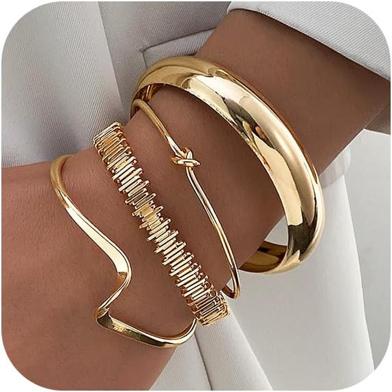 KISS WIFE Golden Bangles for Women, Adjustable Bangle Bracelets, Multi Layer Open Stackable Cuff Bracelet Set, Fashion Accessories Jewelry Gifts for Women