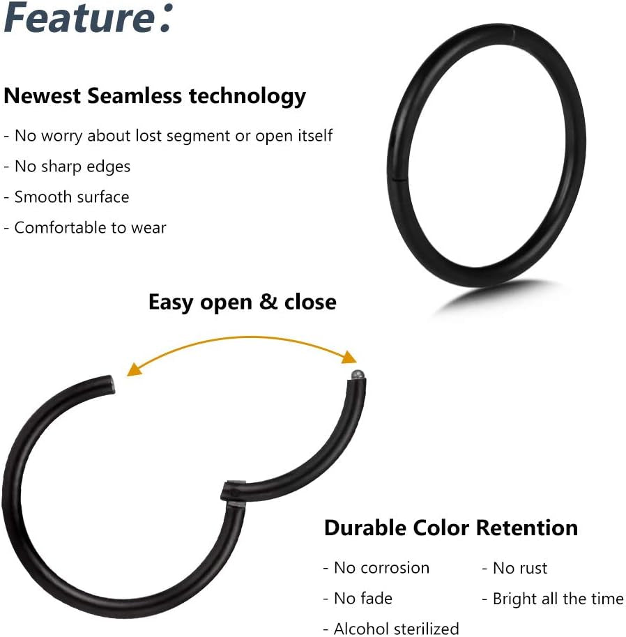 4Pcs 16G 18G 20G Surgical-Steel-Piercing-Ring-Nose-Rings-Hinged-Hoop-Earrings,6Mm 8Mm 10Mm 12Mm Seamless Stainless Steel Clicker Eyebrow Septum Piercing Hoop,Sliver Black Gold Rose Gold Rainbow Body Jewelry Set