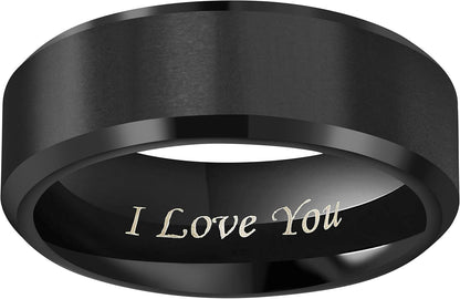 CROWNAL 4Mm 6Mm 8Mm Black/Silver Titanium Wedding Couple Bands Rings Men Women Matte Finish Beveled Edges Engraved I Love You Comfort Fit Size 4 to 16