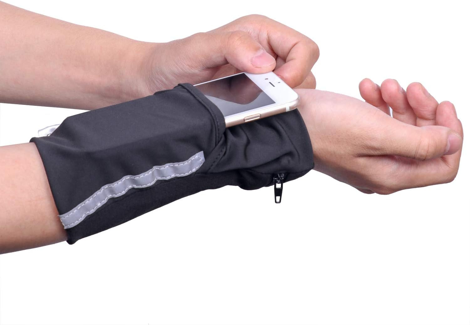 Black wrist wallet phone holder worn on woman's arm while running