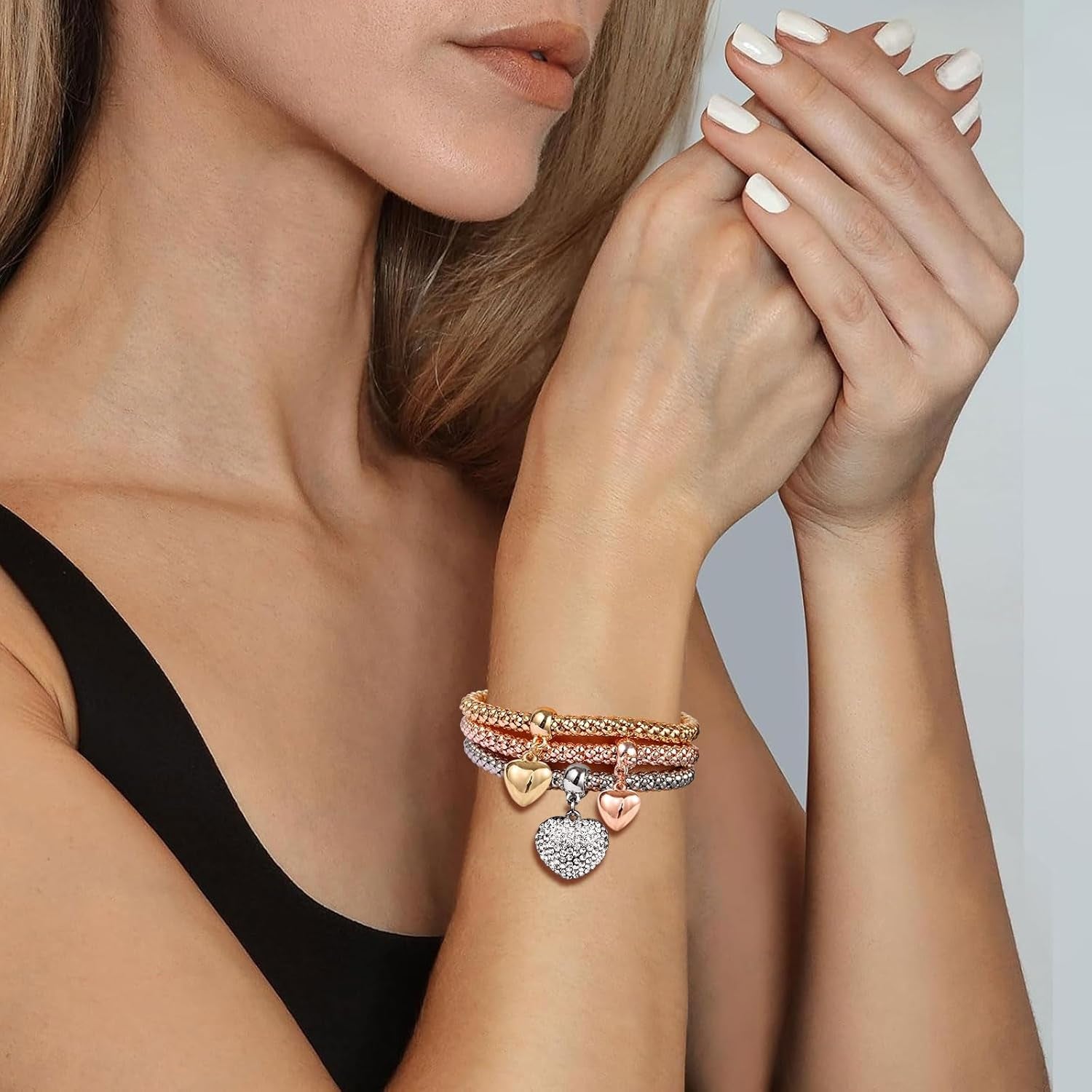 Stretch Bracelets for Women Gold/Silver/Rose Gold Elastic Bracelet Set for Women 3 PCS Stackable Bracelets Multilayer Charm Bracelet Christmas Gifts for Women