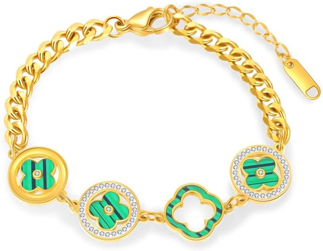 Four Leaf Clover Bracelets for Women, 18K Gold Plated Clover Jewelry Set-Tone with Green Enamel Clover Charms, Crystal Accents, Elegant Gift for Women Packed in a Packaging Box (Black)