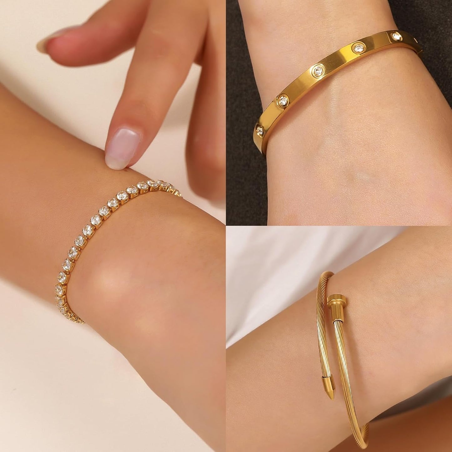 Gold Plated Bangle Bracelets for Women Stackable 18K Gold Plated Stainless Steel Love Bracelet Set Nail Cuff Bangle Set for Love Jewelry Adjustable Tennis Bracelet Non Tarnish Gift Jewelry