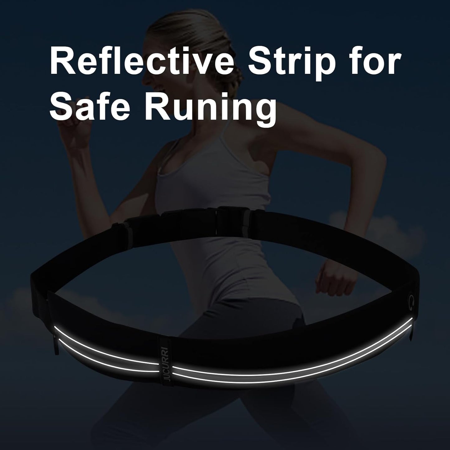 Reflective strips visible on dark running belt