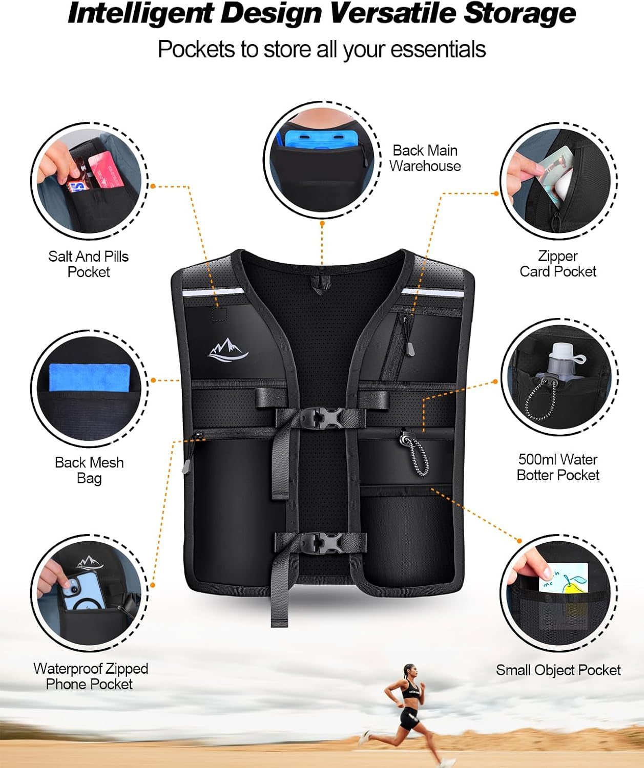 Premium running water vest with phone pocket placement