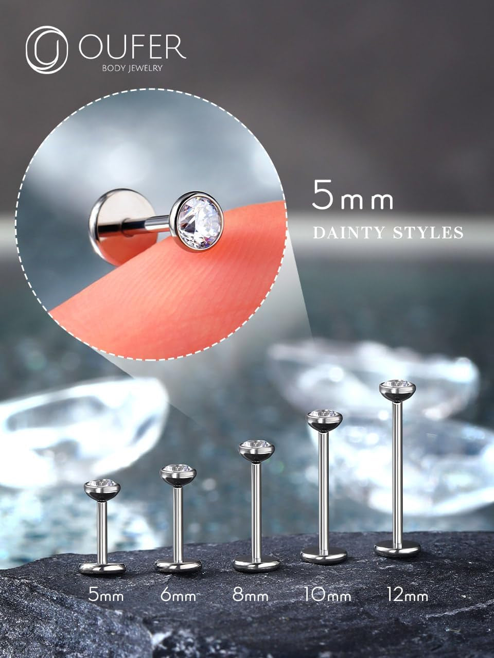 OUFER 2Pcs 20G/18G/16G G23 Titanium Threadless Nose Stud Earrings Flat Back Tiny CZ Small Nose Helix Cartilage Tragus Conch Labret Medusa Monroe Piercing Jewelry for Women Men