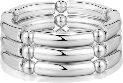 Gold Chunky Bangles Bracelets for Women 14K Gold Plated Stack Layered Curved Bamboo Tube Stretch Bracelets Gift Jewelry
