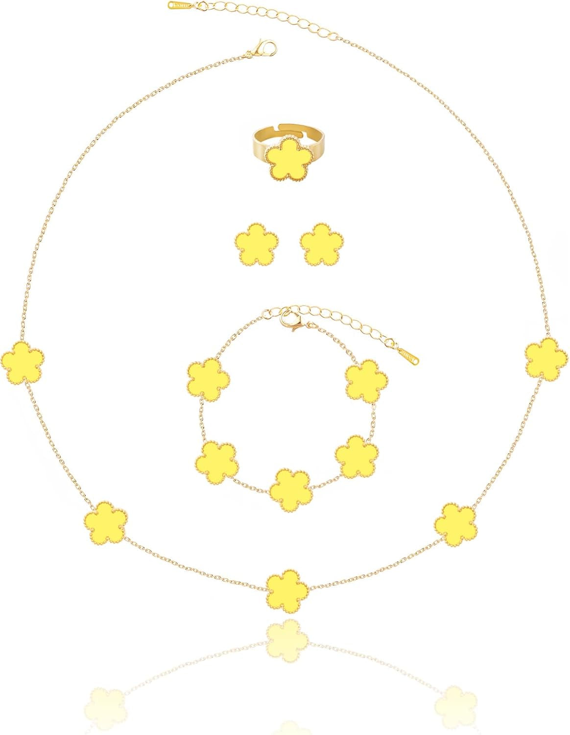 Gold Plated Five Leaf Clover Necklace Bracelet Rings and Stud Earrings Set for Women Lucky Flower Jewelry