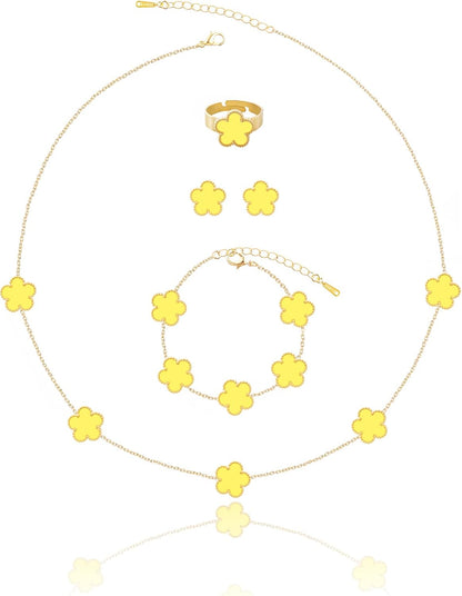 Gold Plated Five Leaf Clover Necklace Bracelet Rings and Stud Earrings Set for Women Lucky Flower Jewelry