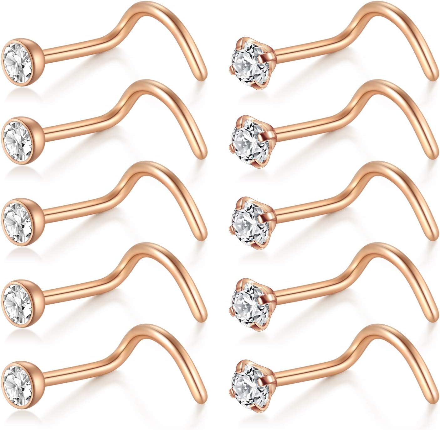 D.Bella Nose Rings 10Pcs 18G Nose Screw Rings Studs Surgical Steel Piercing Jewelry 2Mm Clear CZ Silver