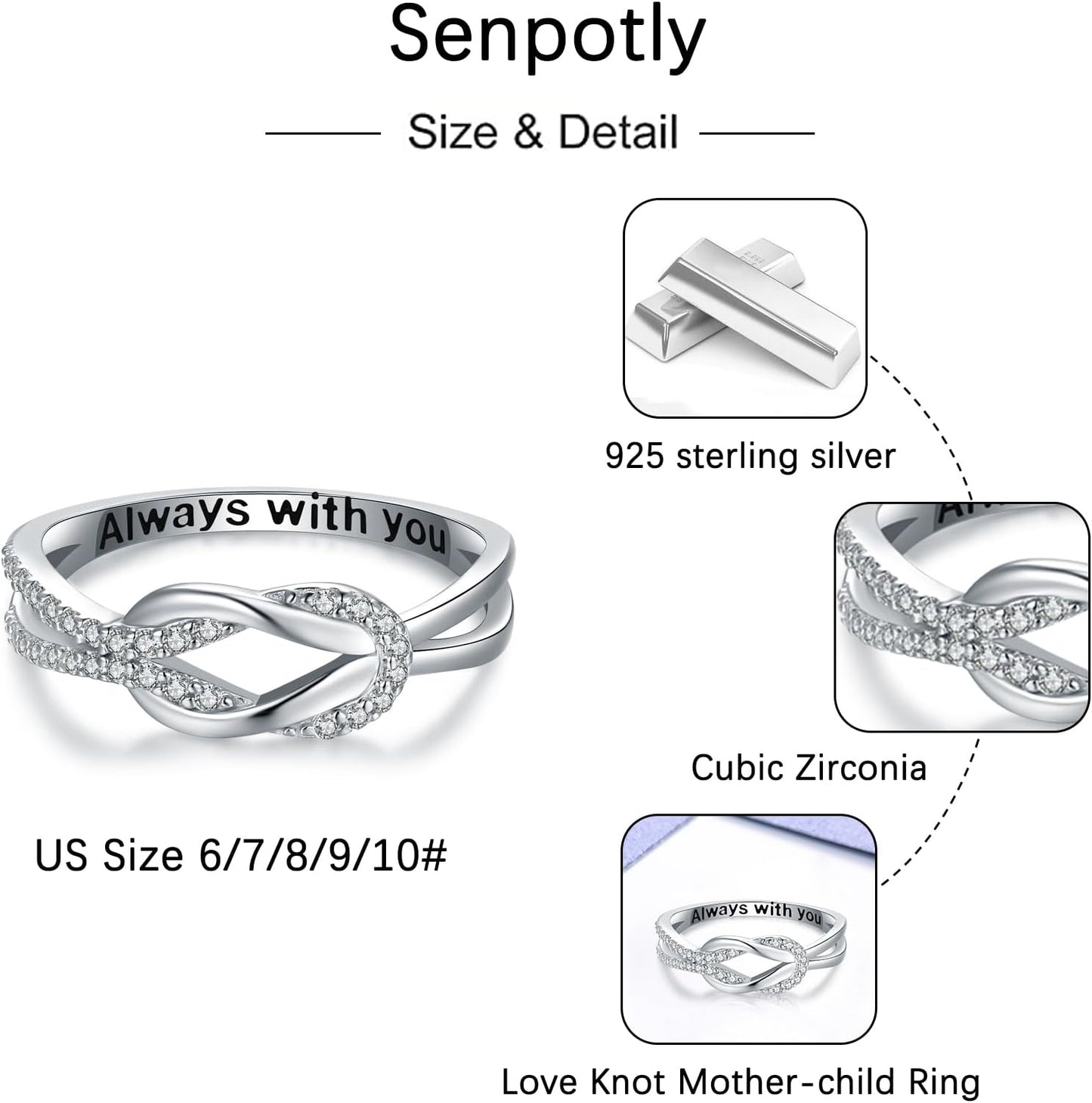 925 Sterling Silver Love Knot Ring for Mother and Daughter Square Knot Ring for Couple Friendship Kont Rings Mother'S Day Birthday Valentine'S Day Christmas Jewelry Gifts for Women