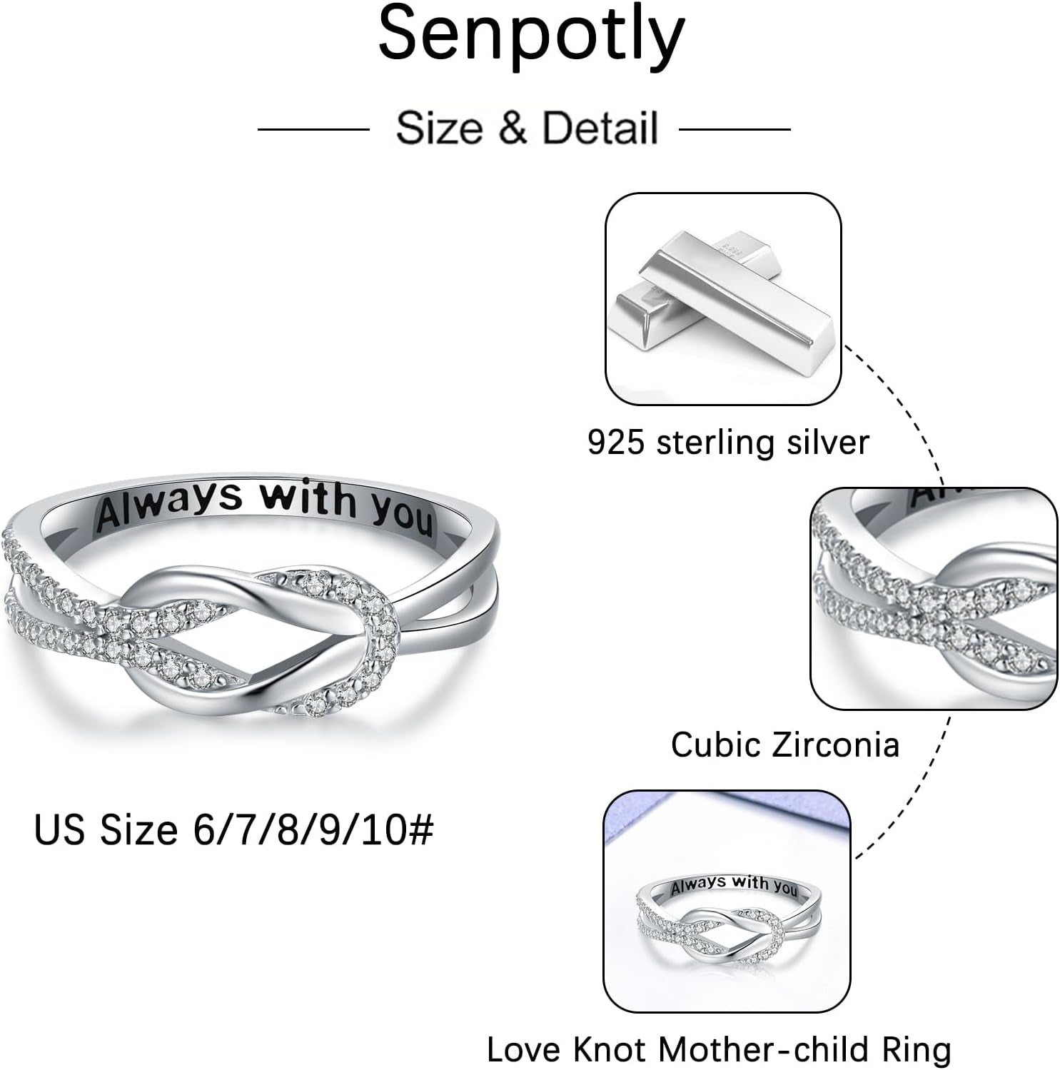 925 Sterling Silver Love Knot Ring for Mother and Daughter Square Knot Ring for Couple Friendship Kont Rings Mother'S Day Birthday Valentine'S Day Christmas Jewelry Gifts for Women