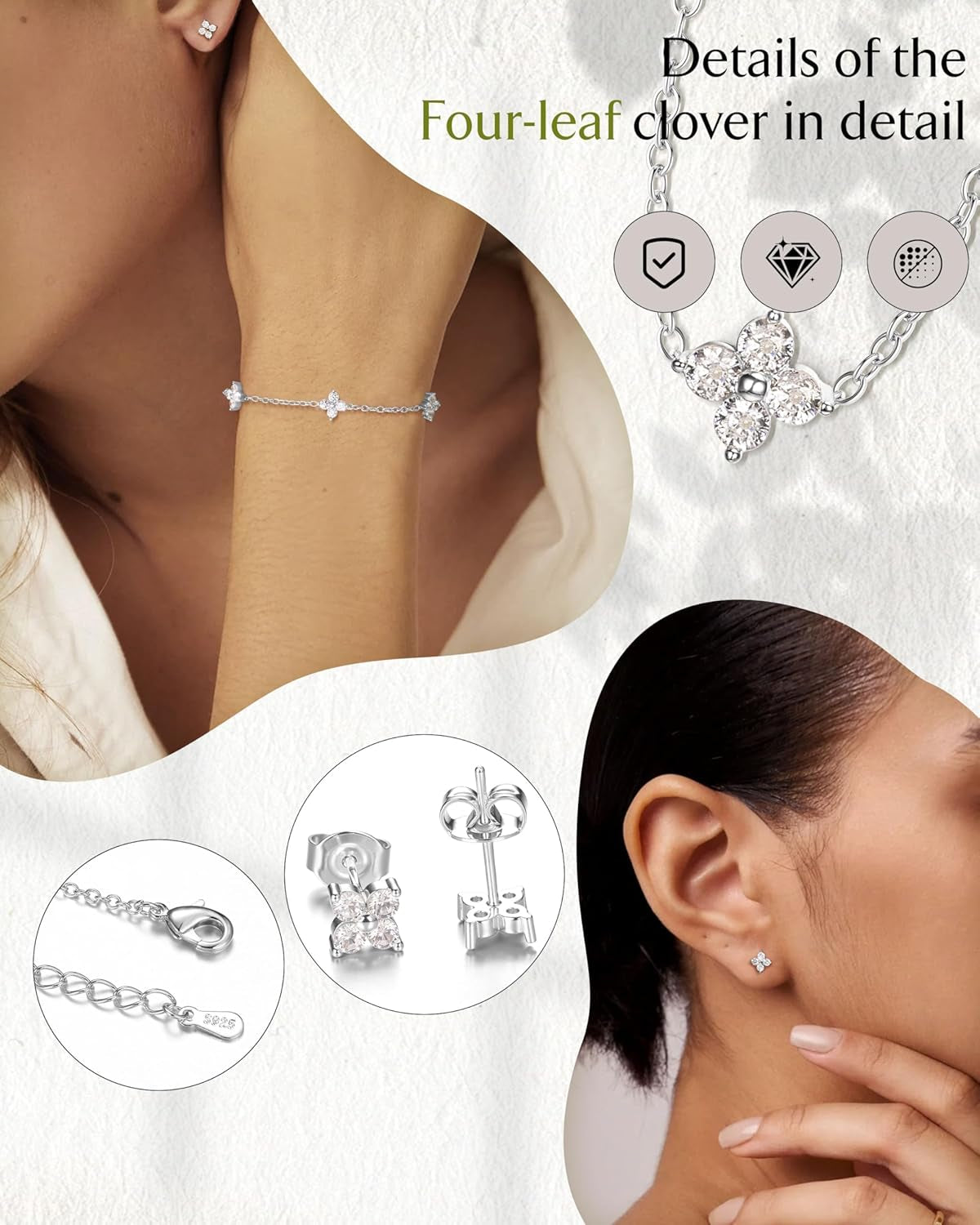 ORAZIO Dainty Silver Gold Jewelry Set for Women Trendy 14K Gold Plated CZ Flowers Pendant Choker Necklaces for Women Stud Earrings Clover Link Bracelets Stack Jewelry Gifts for Wedding Prom Brides