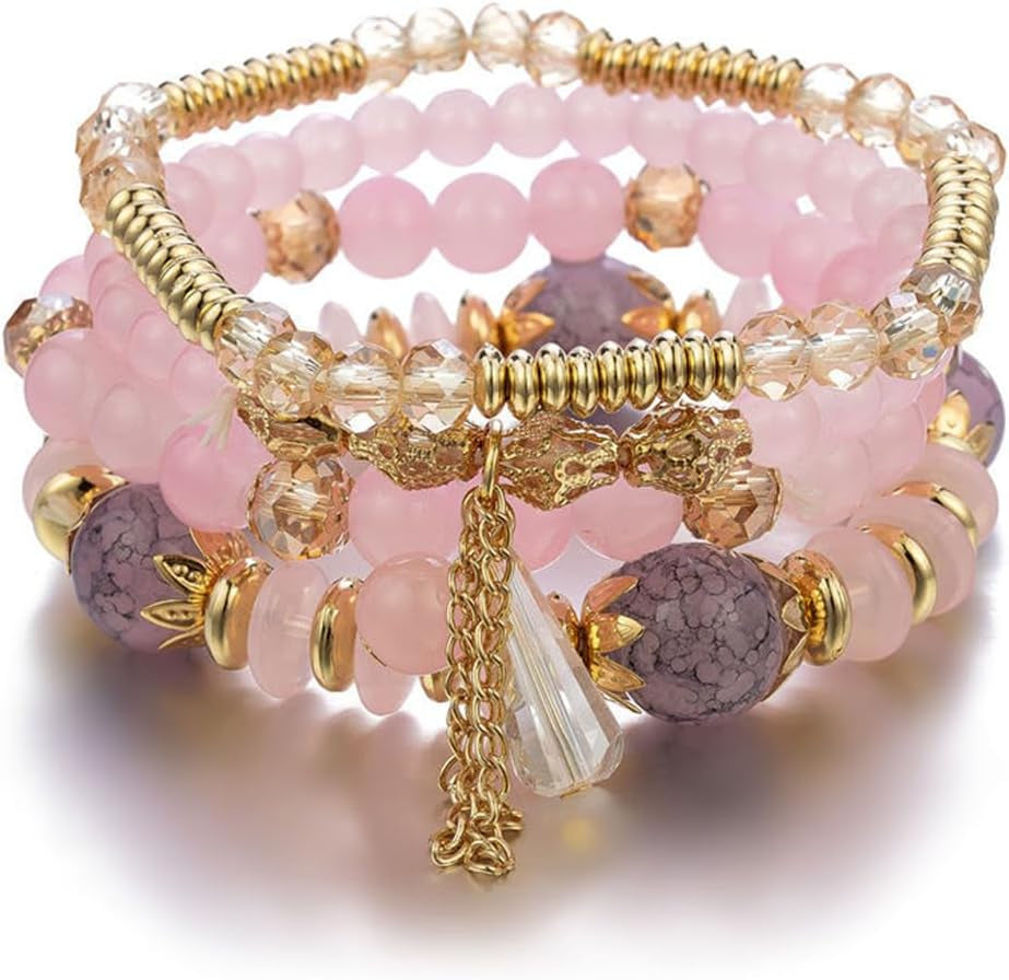 Bohemian Stackable Bracelets for Women Gold Beaded Stretch Charm Bracelets Set Crystal Elastic Multilayer Colorful Charm Bangles Bracelets Summer Beach Multicolor Statement Jewelry