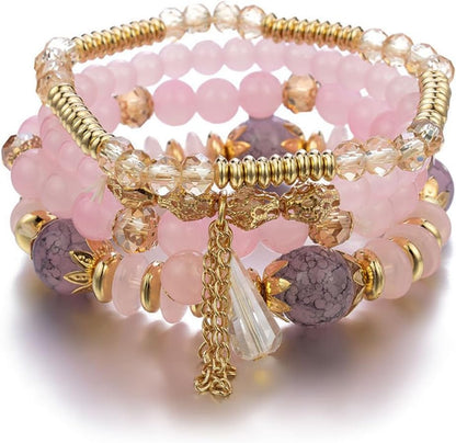 Bohemian Stackable Bracelets for Women Gold Beaded Stretch Charm Bracelets Set Crystal Elastic Multilayer Colorful Charm Bangles Bracelets Summer Beach Multicolor Statement Jewelry