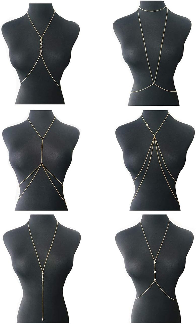 Tornito 4-8Pcs Sexy Body Chain Belly Waist Chain Necklace Summer Beach Bikini Bra Body Jewelry for Women Gold Tone