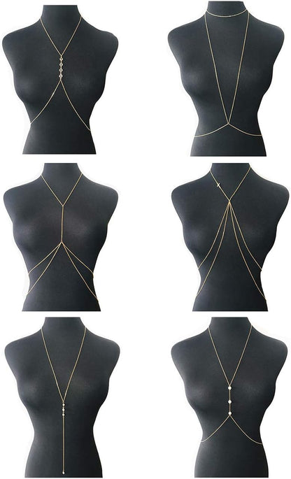 Tornito 4-8Pcs Sexy Body Chain Belly Waist Chain Necklace Summer Beach Bikini Bra Body Jewelry for Women Gold Tone