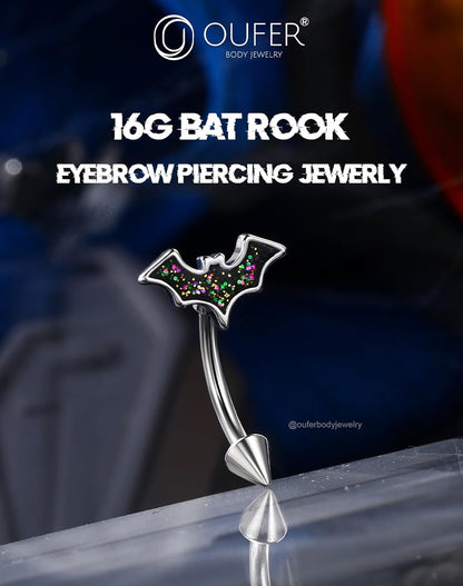 OUFER Bat Halloween Rook Piercing Jewelry, 316L Surgical Steel Eyebrow Piercing Jewelry, Multicolor Glitter Rook Earrings for Women, Hypoallergenic Eyebrow Rings, 16G 8Mm Curved Barbell
