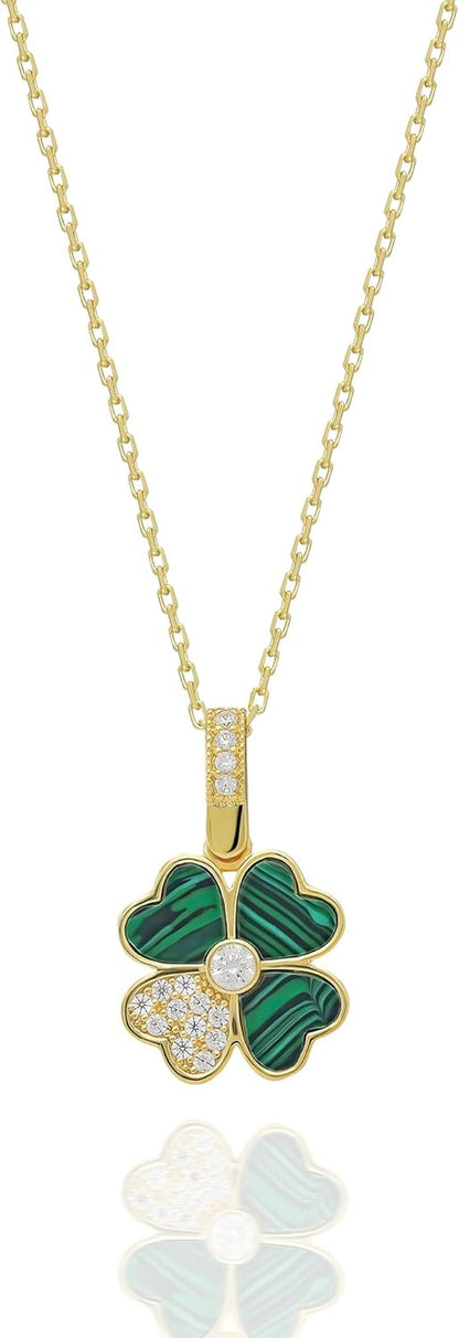 Four Leaf Clover Necklace, Gold-Plated Chain, Malachite Green Hearts, Crystal Center