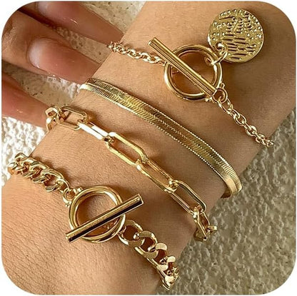 4Pcs Goth Black Stackable Bracelets Set for Women Gothic Statement Gold Coin OT Buckle Bracelet Vintage Paperclip Chain Y2K Party Hallowmas Jewelry Gifts