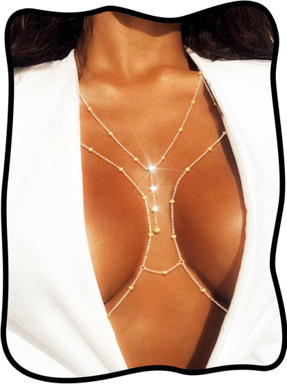 Urieo Sparkly Beads Bra Chain Silver Crystal Chest Chains Rhinestone Layered Sexy Nightclub Beach Rave Body Chain for Women
