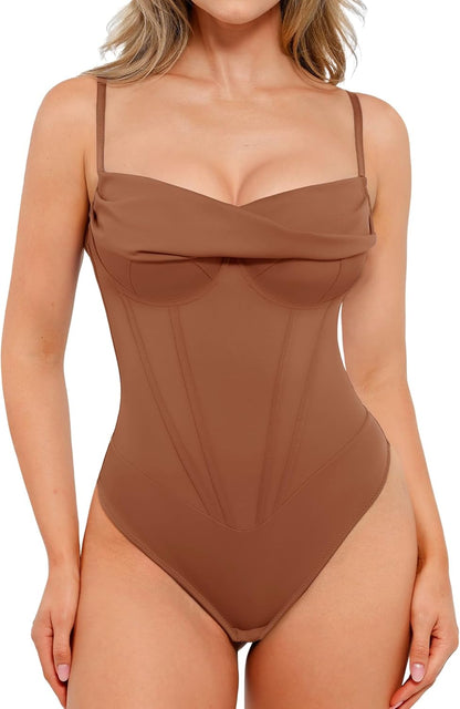 Black corset bodysuit going out top on model