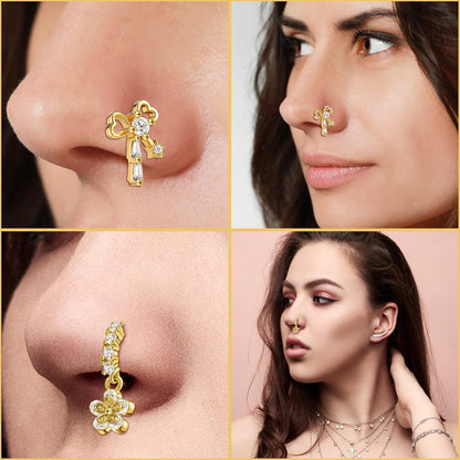 Junkin 18 Pcs 20G Nose Rings Dangle for Women Christmas Nose Rings Gifts L Shaped Stud Hoop Cute Star Heart round Jewelry Dangle Studs Ring for Women Girl Wife Gifts(Gold)
