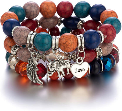 Caiyao Bohemian Stackable Wood Wooden Beads Elephant Charm Tassel Stretchy Bracelet Set for Women Men Multilayered Multicolor Acrylic Resin Seeds Bracelet Ethnic Jewelry Gift